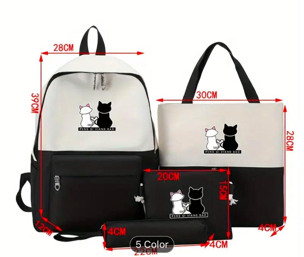Love Bagfusion Cat Print Backpack – Trendy 4-Piece Set for Girls & Women
