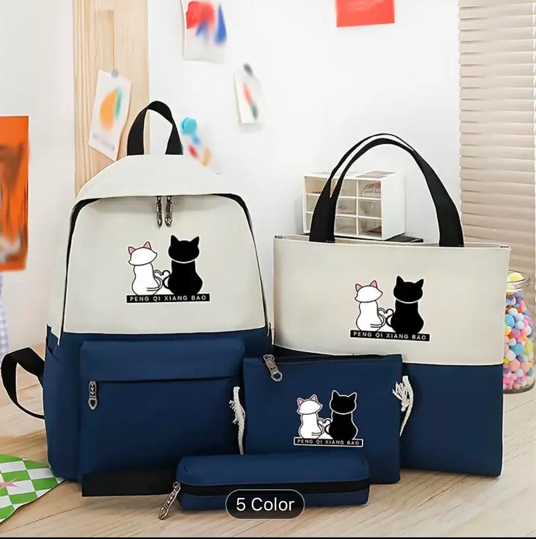 Love Bagfusion Cat Print Backpack – Trendy 4-Piece Set for Girls & Women