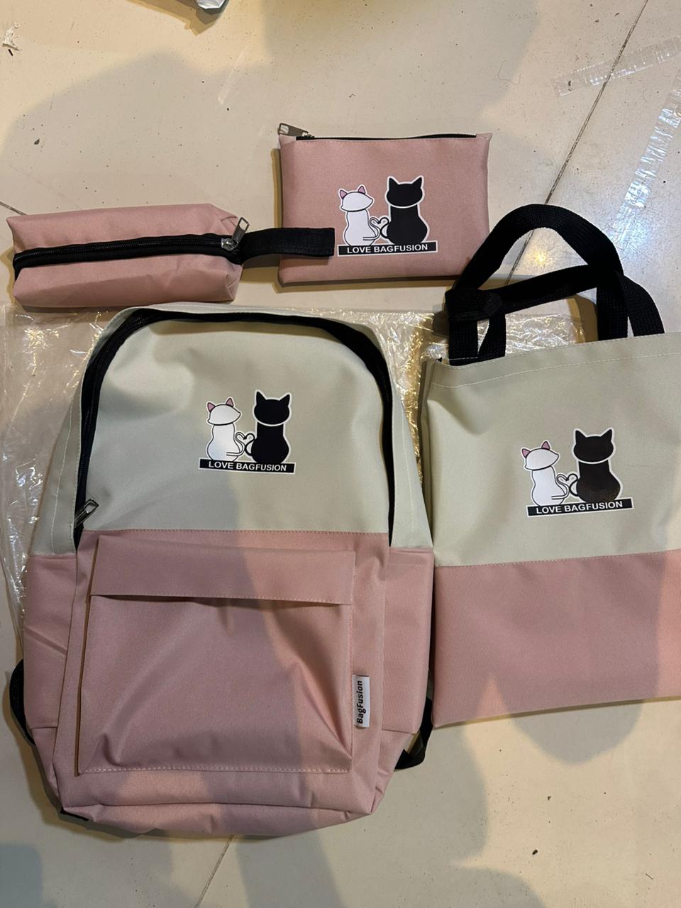 Love Bagfusion Cat Print Backpack – Trendy 4-Piece Set for Girls & Women