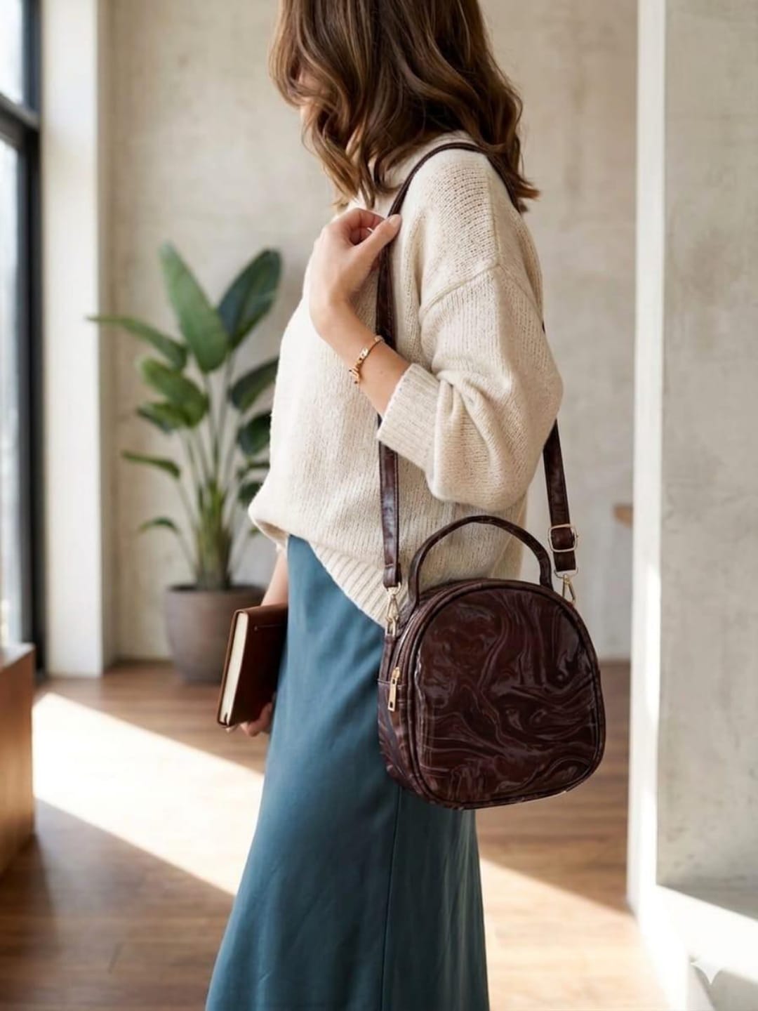 Marble Print Round Crossbody Bag – Dome Shoulder Bag with Top Handle