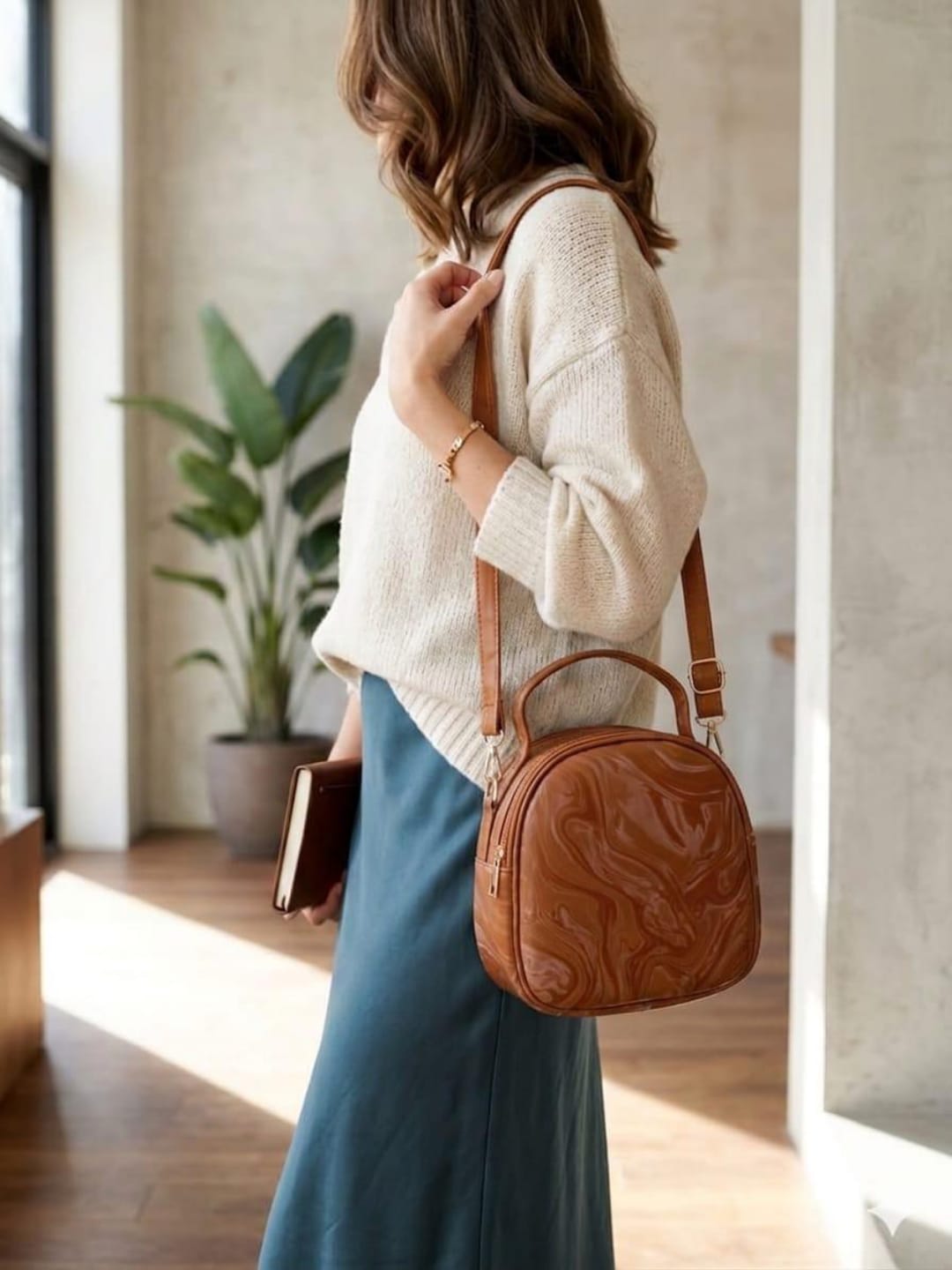 Marble Print Round Crossbody Bag – Dome Shoulder Bag with Top Handle