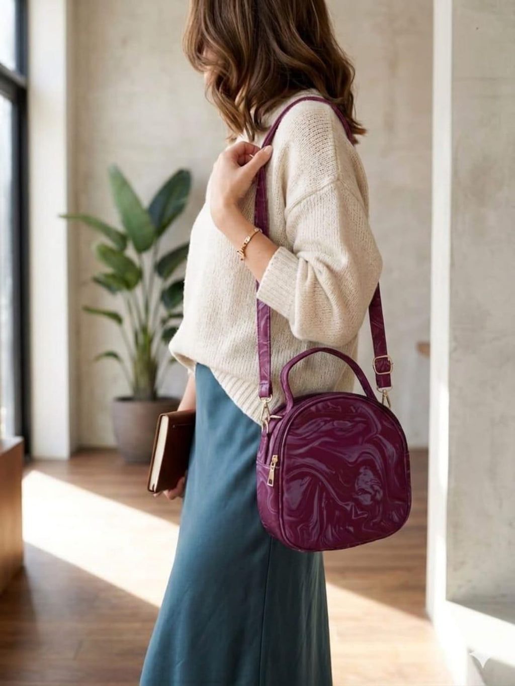 Marble Print Round Crossbody Bag – Dome Shoulder Bag with Top Handle