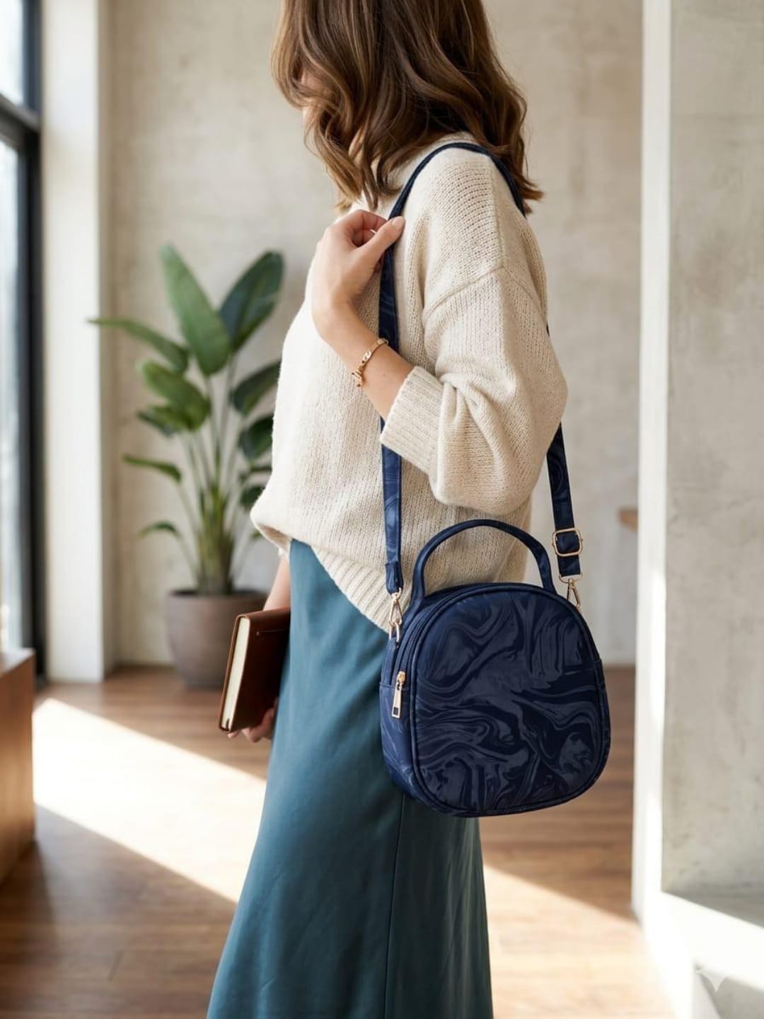 Marble Print Round Crossbody Bag – Dome Shoulder Bag with Top Handle
