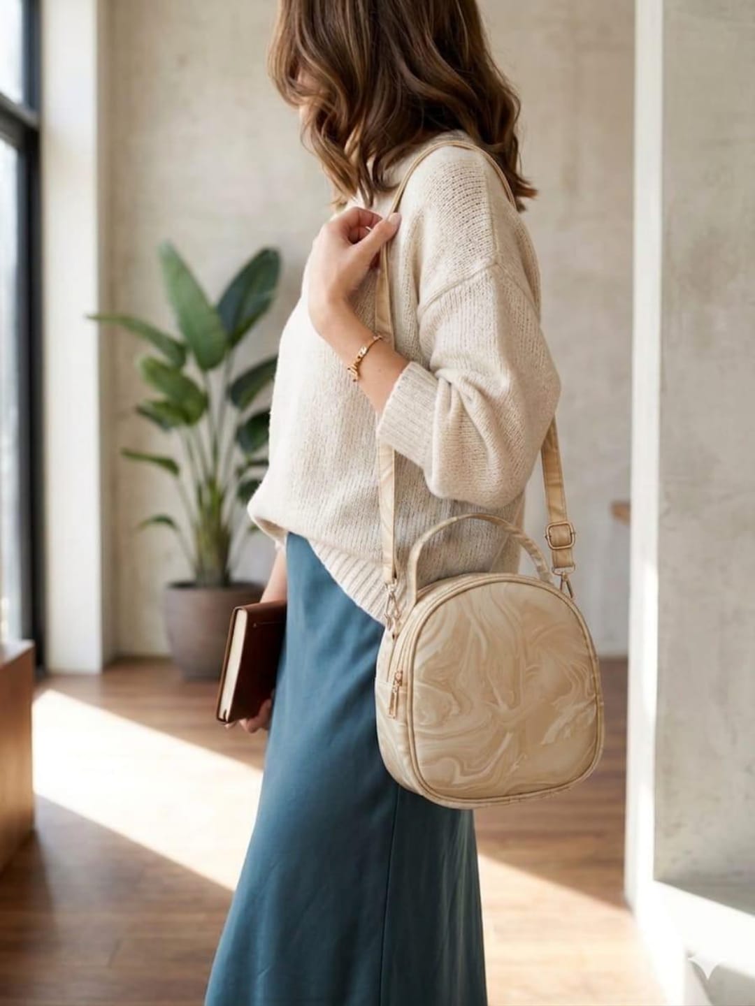 Marble Print Round Crossbody Bag – Dome Shoulder Bag with Top Handle